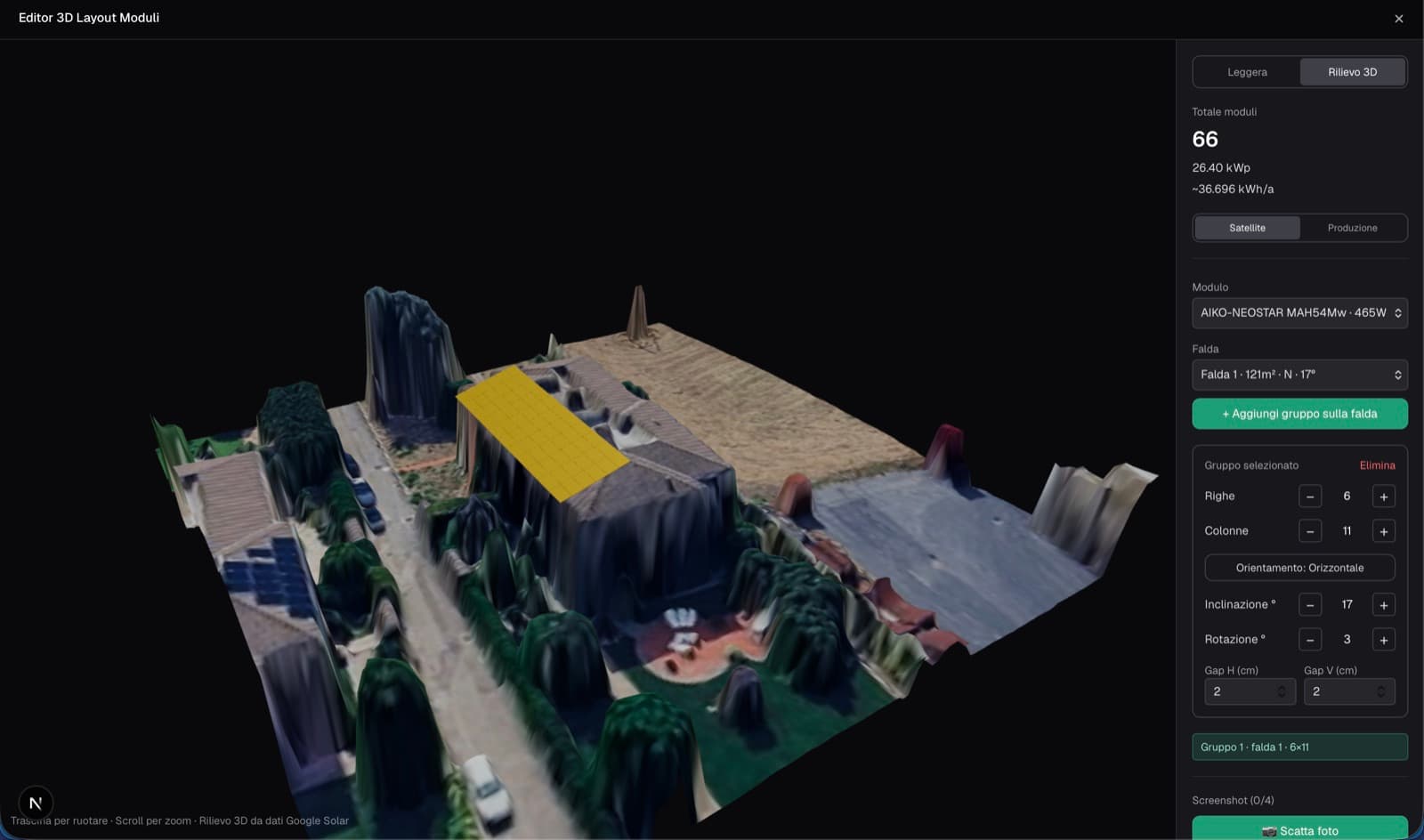 Editor 3D de tejados en un CRM fotovoltaico con Google Solar API